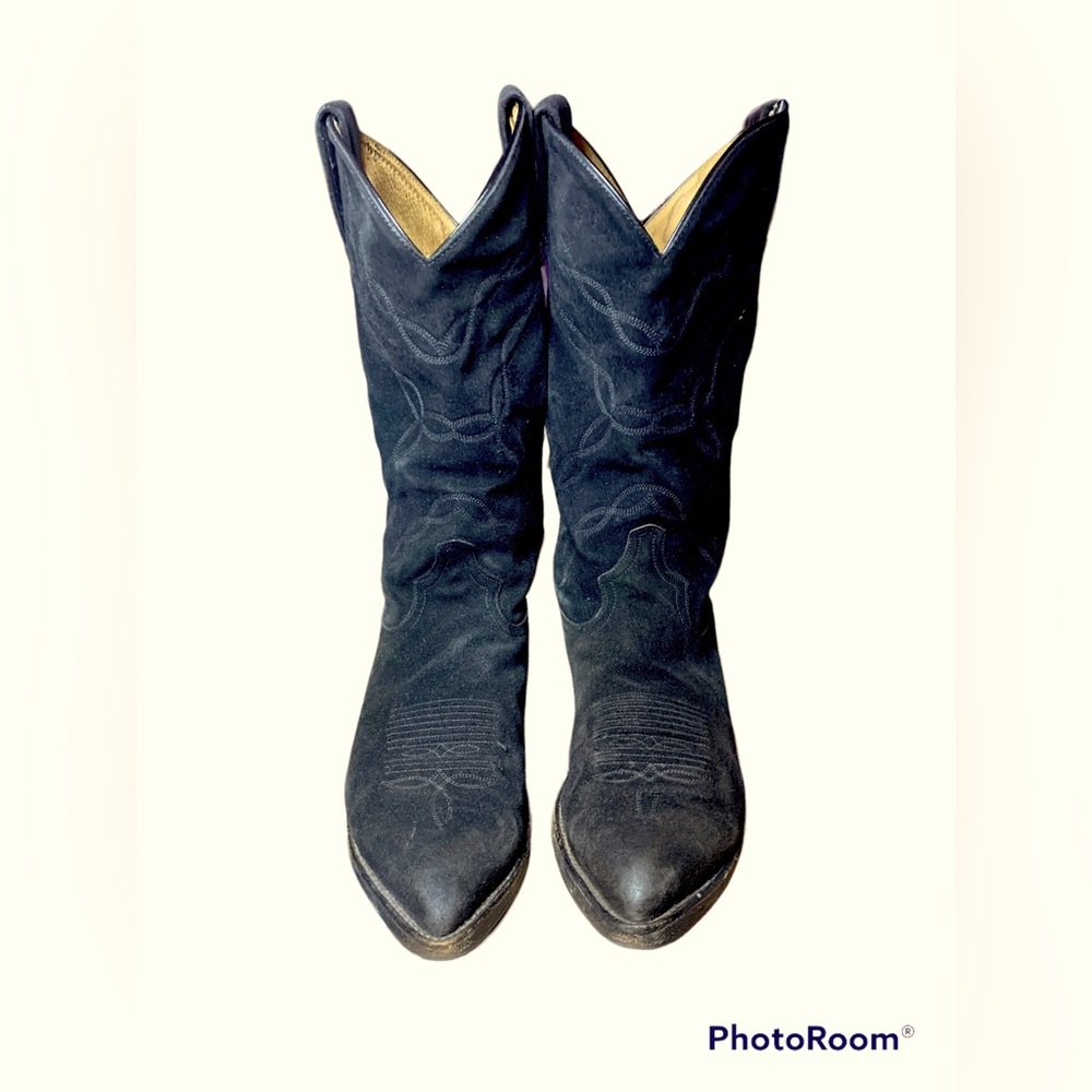 Black suede Tony Lama cowboy or cowgirl boots. Womens size 9 W, Mens size 7.5 W